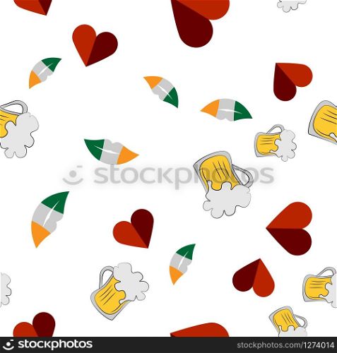 Vector seamless pattern of lips, heart and beer mug on a white background. Stock Illustration for St. Patrick&rsquo;s Day. EPS 10 editable vector.. Vector seamless pattern of lips, heart and beer mug on a white background. Stock Illustration for St. Patrick&rsquo;s Day.