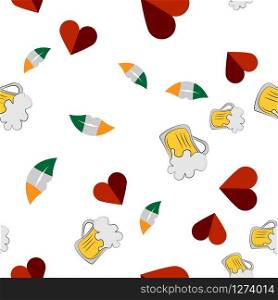 Vector seamless pattern of lips, heart and beer mug on a white background. Stock Illustration for St. Patrick&rsquo;s Day. EPS 10 editable vector.. Vector seamless pattern of lips, heart and beer mug on a white background. Stock Illustration for St. Patrick&rsquo;s Day.