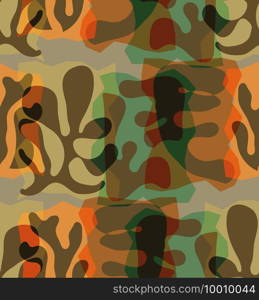 Vector seamless pattern of organic Matisse shapes. Natural earthy colors floral underwater life. Abstract seaweed camouflage background. Trendy floating wavy geometry. Random layered hand drawn art.
