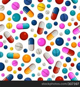 Vector seamless pattern of pills and other pharmaceutical ellements. Pattern with drug pharmaceutical, illustration of pattern pharmacy medicine. Vector seamless pattern of pills and other pharmaceutical ellements