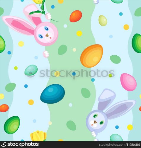 Vector seamless pattern of rabbits and eggs. Background of vertical wavy pastel stripes