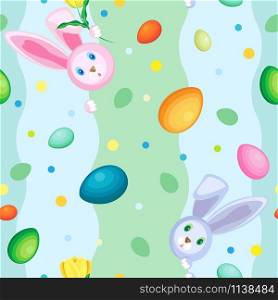 Vector seamless pattern of rabbits and eggs. Background of vertical wavy pastel stripes
