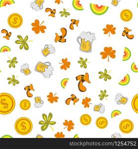 Vector seamless pattern of rainbow, shamrock, shoe and coin on a white background. Stock Illustration for St. Patrick&rsquo;s Day. EPS 10 editable vector.. Vector seamless pattern of rainbow, shamrock, shoe and coin on a white background. Stock Illustration for St. Patrick&rsquo;s Day.
