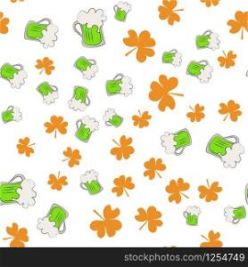 Vector seamless pattern of shamrocks and beer mugs on a white background. Clover leaves are randomly scattered across the pattern. Illustration for wrapping gifts for St. Patrick&rsquo;s Day.. Vector seamless pattern of shamrocks and beer mugs on a white background. Illustration for wrapping gifts for St. Patrick&rsquo;s Day.