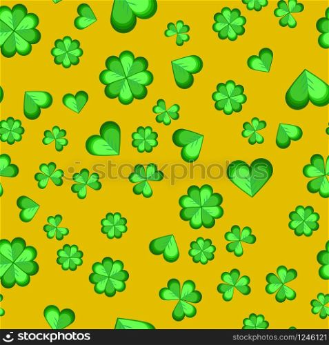Vector seamless pattern of shamrocks on a dark background. Green leaves of clover are randomly scattered in the pattern. Stock Illustration for packing gifts for St. Patrick&rsquo;s Day. Repeating editable vector pattern. EPS 10. Vector seamless pattern of shamrocks on a dark background