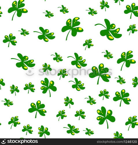 Vector seamless pattern of shamrocks on a white background. Green leaves of clover are randomly scattered in the pattern. Stock Illustration for packing gifts for St. Patrick&rsquo;s Day. Repeating editable vector pattern. EPS 10. Vector seamless pattern of shamrocks on a white background.