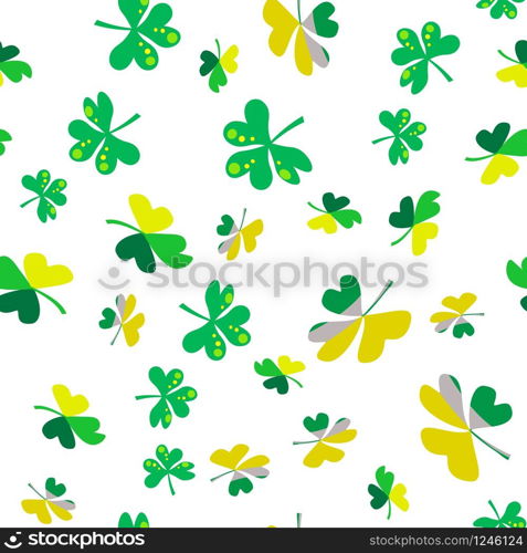 Vector seamless pattern of shamrocks on a white background. Green leaves of clover are randomly scattered in the pattern. Stock Illustration for packing gifts for St. Patrick&rsquo;s Day. Repeating editable vector pattern. EPS 10. Vector seamless pattern of shamrocks on a white background.