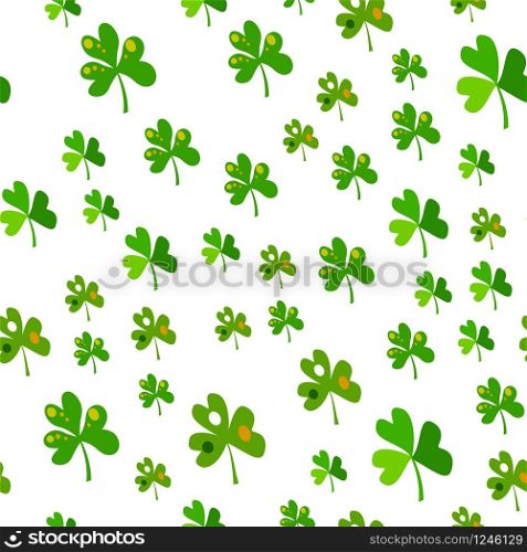 Vector seamless pattern of shamrocks on a white background. Green leaves of clover are randomly scattered in the pattern. Stock Illustration for packing gifts for St. Patrick&rsquo;s Day. Repeating editable vector pattern. EPS 10. Vector seamless pattern of shamrocks on a white background.
