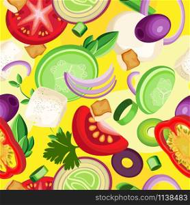 Vector seamless pattern of sliced vegetables and feta cheese. Background in yellow shades