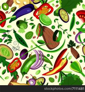 Vector seamless pattern of sliced vegetables and meat. Pastel milk background