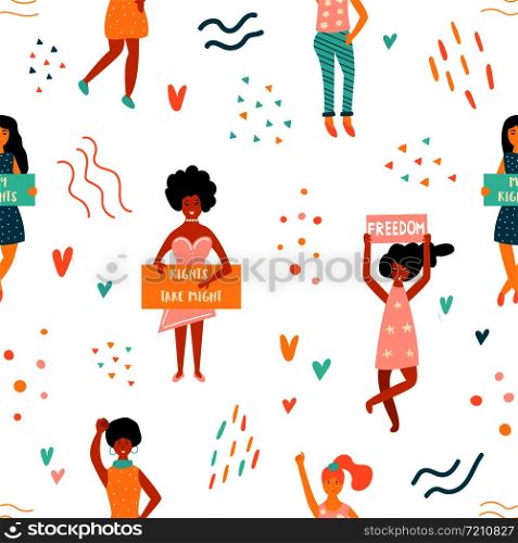Vector seamless pattern of striking women and hand drawn elements. Concept of feminism, girl power, movement, female equality, equal social and civil right.. Vector seamless pattern of striking women