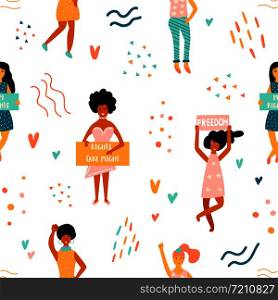 Vector seamless pattern of striking women and hand drawn elements. Concept of feminism, girl power, movement, female equality, equal social and civil right.. Vector seamless pattern of striking women