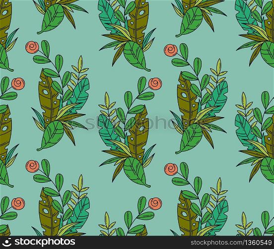 Vector seamless pattern of tropical leaves and flower.
