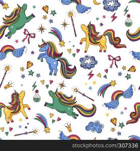 Vector seamless pattern of unicorn, clouds, rainbow and magic wand. Background with rainbow and character unicorn, illustration of dream myth magic unicorn. Vector seamless pattern of unicorn, clouds, rainbow and magic wand