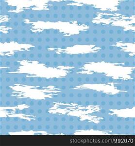 vector seamless pattern of white abstract cloudlike shapes on blue polkadot background, repeat textile graphic of clouds in the sky