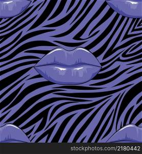 Vector Seamless pattern of Zebra skin with Pink Lips in purple and back background, Wild Animals pattern for textile or wallpaper, illustration endless designs print in Trendy 2022 Very Peri colour