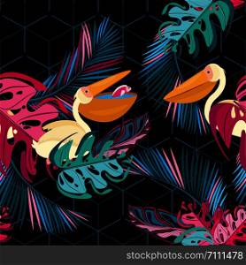 Vector seamless pattern. Pelicans in tropical leaves on the background of contour hexagons