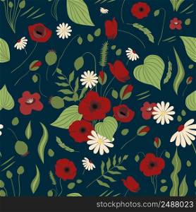 Vector seamless pattern, red and white flowers on a dark background. Fashion illustration in trend