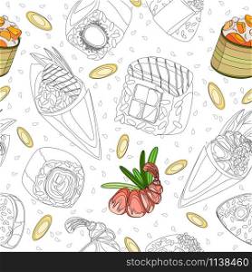 Vector seamless pattern. Sushi contour and contour filled with ingredients. Transparent background
