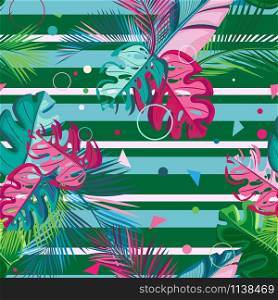 Vector seamless pattern. Tropical leaves on the background of color stripes and small geometric shapes