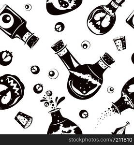 Vector seamless pattern. Vector silhouettes of witchcraft potions for Halloween. White background