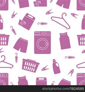 Vector seamless pattern Washing machine, laundry basket, laundry detergents, hanger, clothespins, clothes. Washing clothes. Domestic household chores, laundromat tasks Laundry service Design for print