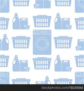 Vector seamless pattern Washing machine, laundry basket, washing powder, liquid. Washing clothes concept. Domestic household chores, laundromat tasks Laundry service Design for wrapping, fabric, print