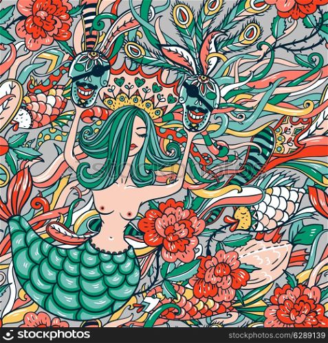 vector seamless pattern with a beautiful mermaid, abstract waves and skulls