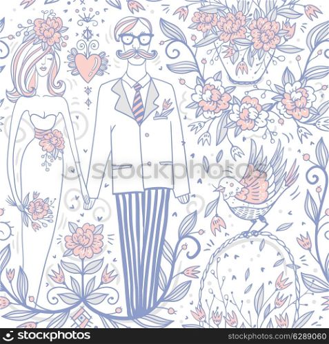 vector seamless pattern with a groom and a bride, blooming roses and abstract birds