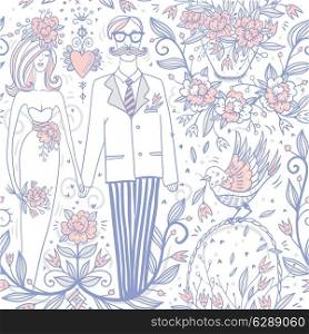 vector seamless pattern with a groom and a bride, blooming roses and abstract birds