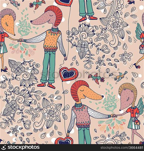 vector seamless pattern with a loving couple of funny hedgehogs