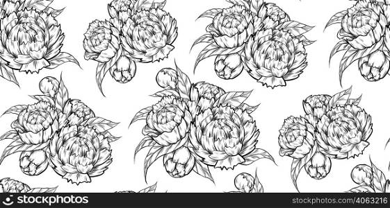 Vector seamless pattern with a sketch of peonies on white background. Botanical texture with drawing of a bouquet of flowers and foliage for wallpaper. Natural fabric swatch. Vector seamless pattern with a sketch of peonies on white background. Botanical texture with drawing of a bouquet