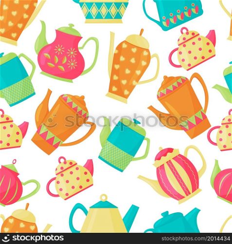 Vector seamless pattern with a variety of teapots on a white background. Kitchen utensils. Bright colors. Flat Style