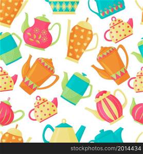 Vector seamless pattern with a variety of teapots on a white background. Kitchen utensils. Bright colors. Flat Style