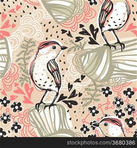 vector seamless pattern with abstract birds and floral elements