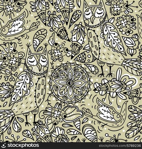 vector seamless pattern with abstract owls and floral elemants