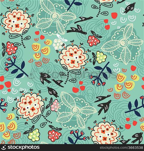 vector seamless pattern with abstract plants and birds
