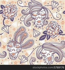 vector seamless pattern with abstract skulls and vintage roses