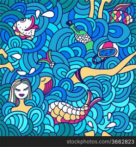 vector seamless pattern with abstract waves and bathers