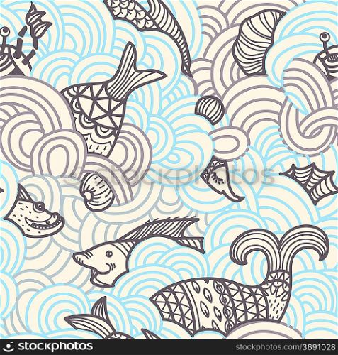 vector seamless pattern with abstract waves and fishes