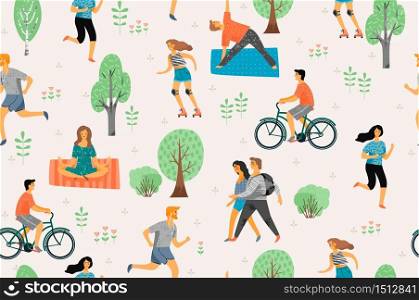 Vector seamless pattern with active young people. Healthy lifestyle. Roller skates, running, bicycle, walk, yoga. Design element in pastel colors with textures.. Vector seamless pattern with active young people.