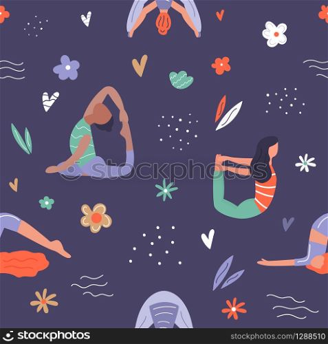 Vector seamless pattern with active young people in yoga asanas. Healthy lifestyle. Design elements. Vector seamless pattern wirh girls in yoga poses