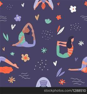 Vector seamless pattern with active young people in yoga asanas. Healthy lifestyle. Design elements. Vector seamless pattern wirh girls in yoga poses
