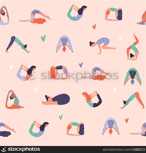 Vector seamless pattern with active young people in yoga asanas. Healthy lifestyle. Design elements.. Vector seamless pattern with active young people in yoga asanas. Healthy lifestyle. Design elements