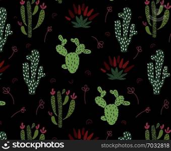 Vector seamless pattern with African tropical cacti, succulents and leaves on black background, endless texture - for design kids clothes, home textiles, prints, posters, greeting cards. Cute Africa Vector Set