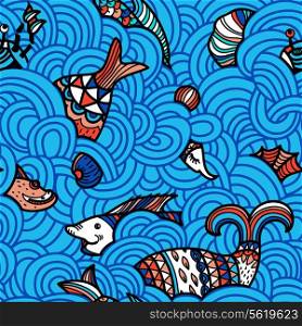 vector seamless pattern with an abtract sea and colorful fishes