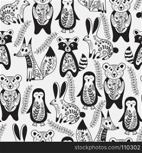 Vector Seamless Pattern with Animals and Spring Branches. Animals are decorated with floral pattern