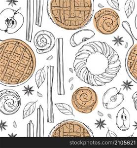 Vector seamless pattern with apple pie. Sketch illustration.. Apple pie. Sketch illustration.