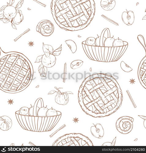 Vector seamless pattern with apple pie. Sketch illustration.. Vector background with apple pie. Sketch illustration.