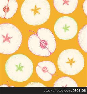 Vector seamless pattern with apples, cutaway fruits, slices on a yellow background. Hand-drawn decorative pattern for packaging juice, wrapping paper or kitchen design.